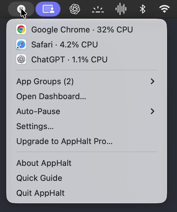 Menu macOS réel d’AppHalt avec les applications et leurs actions de pause.