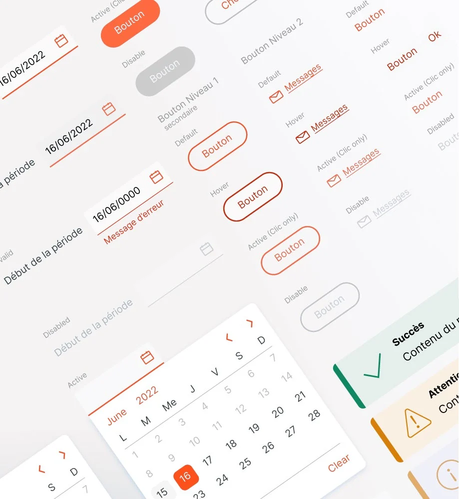Extrait du design system : boutons et champs dans plusieurs états, messages d’erreur et de succès, calendrier.