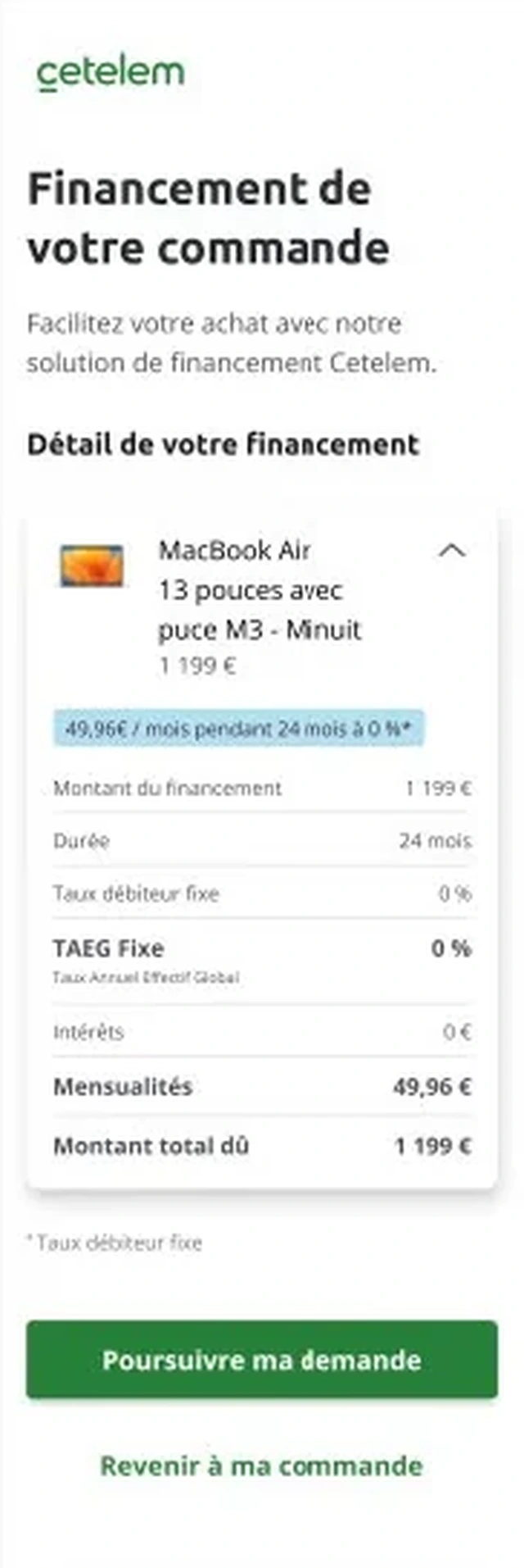 Détails du financement Cetelem