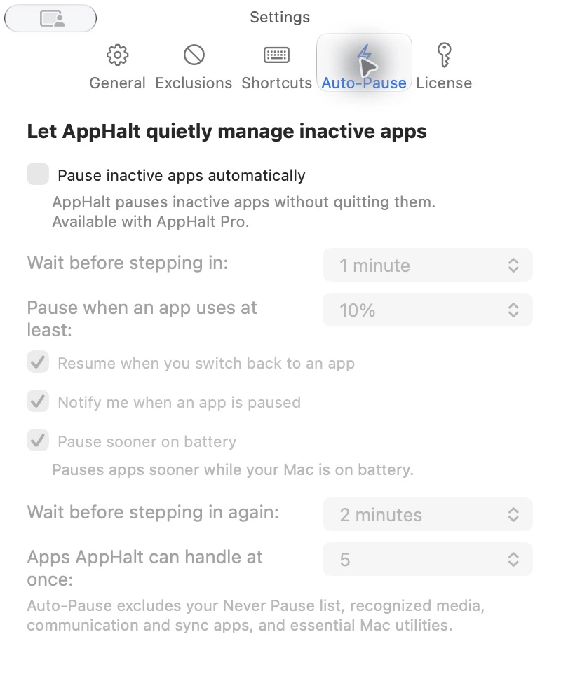 Réglages réels de la pause automatique AppHalt