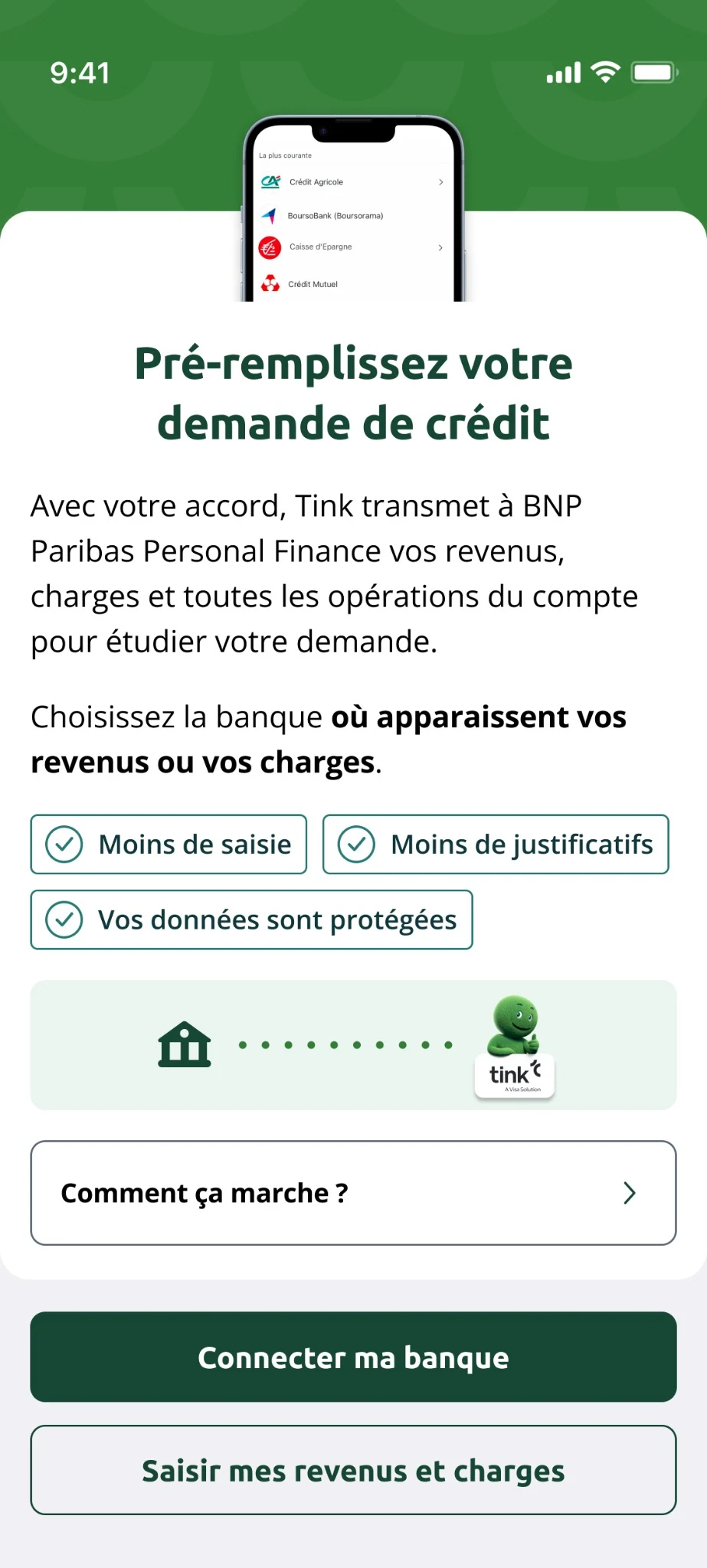Écran fourni du parcours de connexion bancaire Cetelem et Tink.