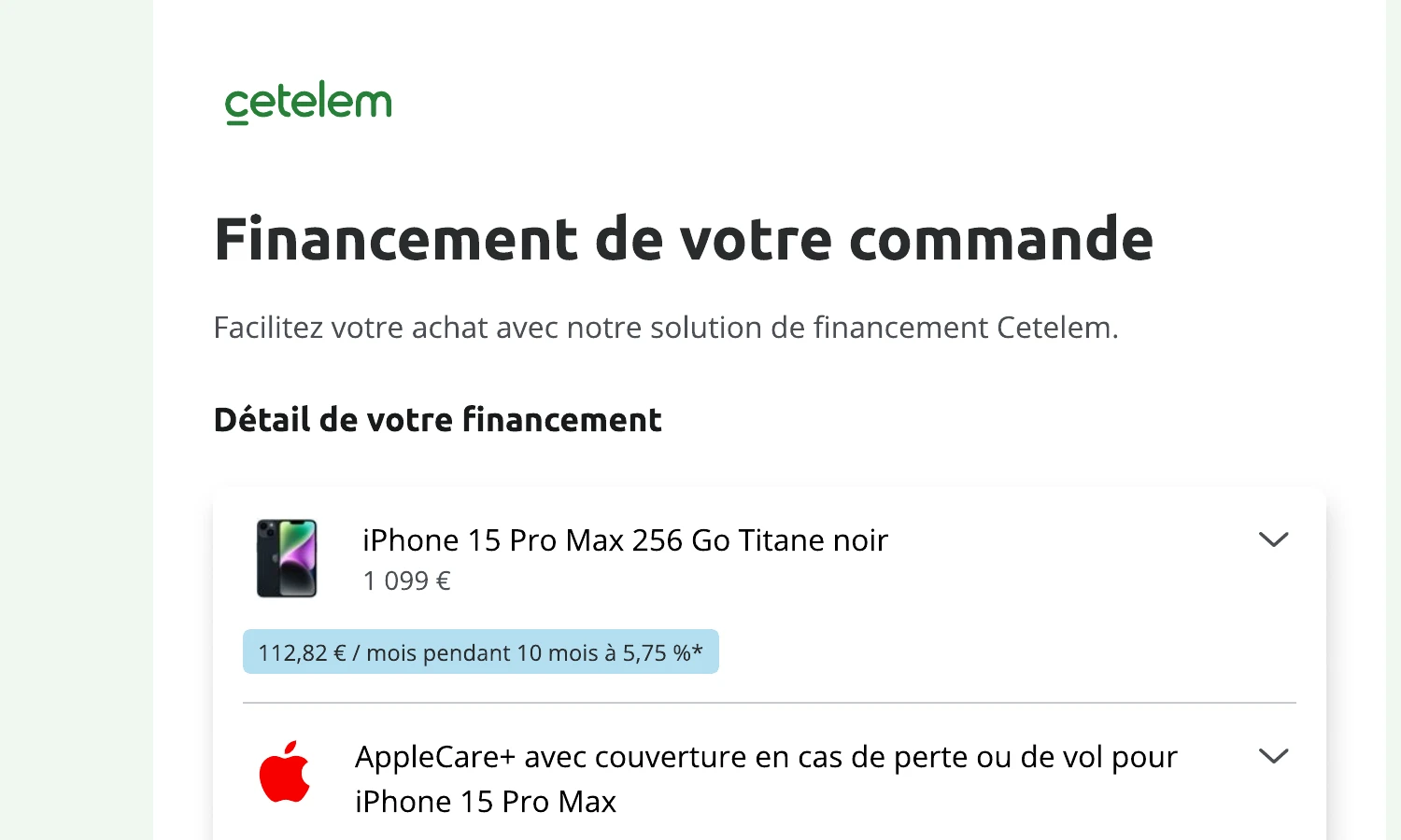 Maquette Cetelem du récapitulatif de financement d’une commande Apple France, avec un iPhone et sa mensualité