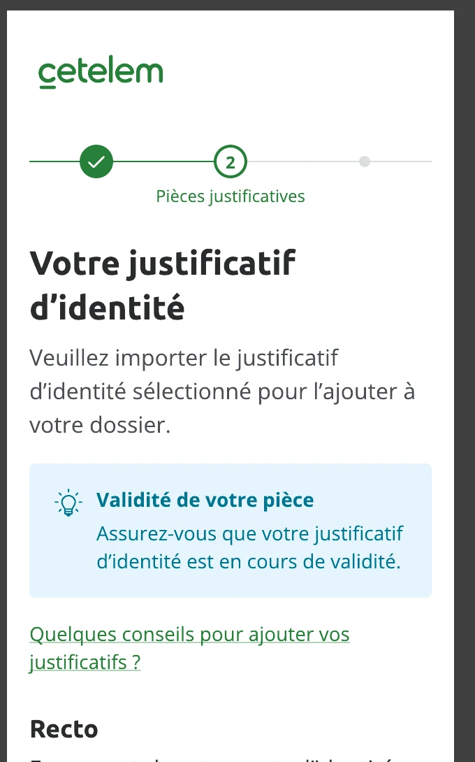 Maquette Cetelem de l’étape de justificatif d’identité dans une demande de crédit