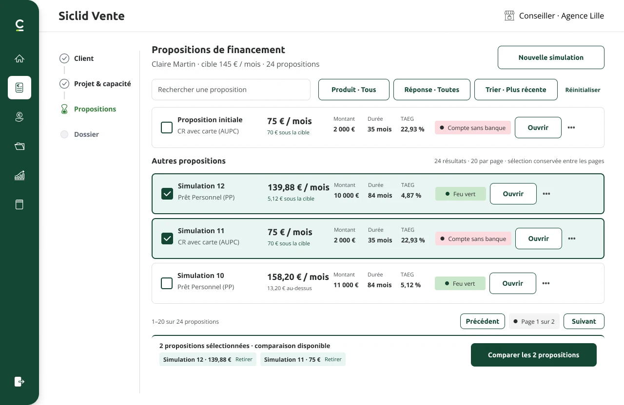 Maquette cible Siclid Vente : liste de propositions de financement et actions du conseiller ; ce visuel ne prouve pas une mise en production