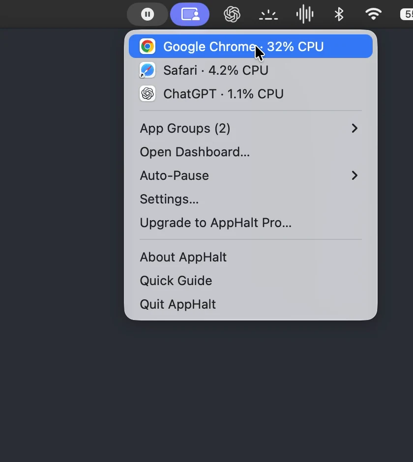 Capture du menu réel AppHalt : applications ouvertes et commandes de pause