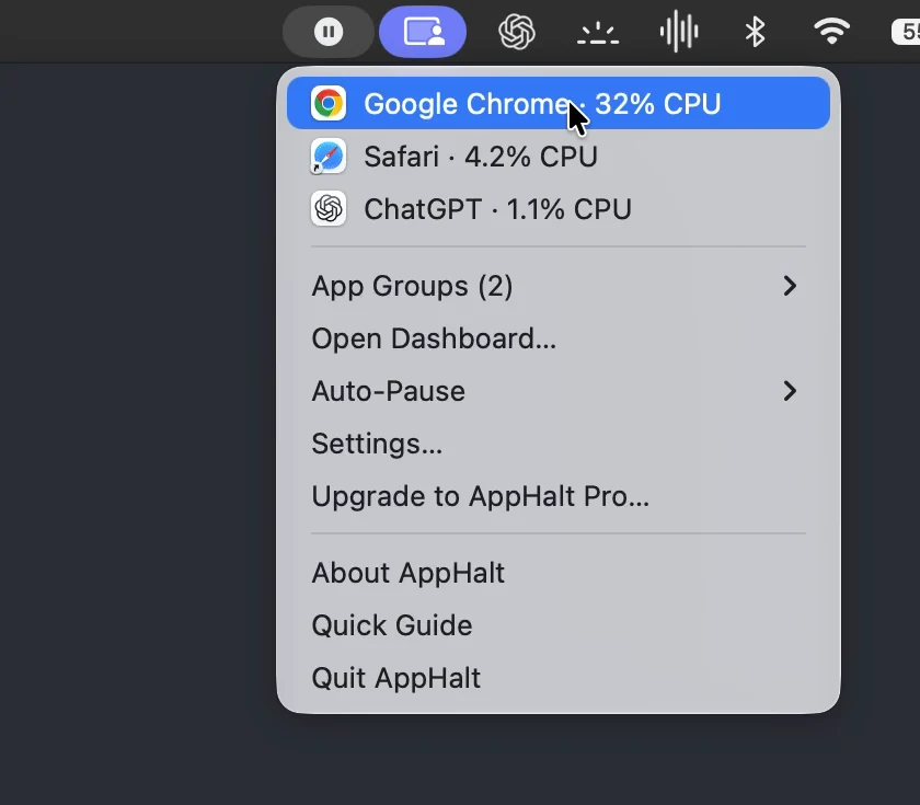 Véritable menu AppHalt sur macOS, avec Chrome, Safari, ChatGPT et leur activité CPU au moment de la capture